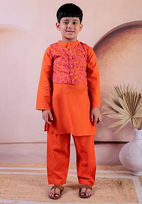 Orange Printed Cotton Kurta Set For Boy