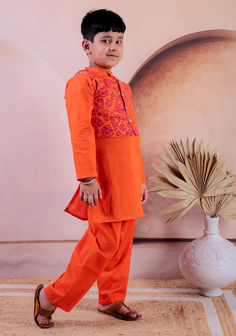 Orange Printed Cotton Kurta Set For Boy