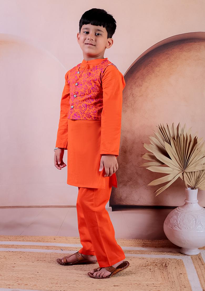 Orange Printed Cotton Kurta Set For Boy