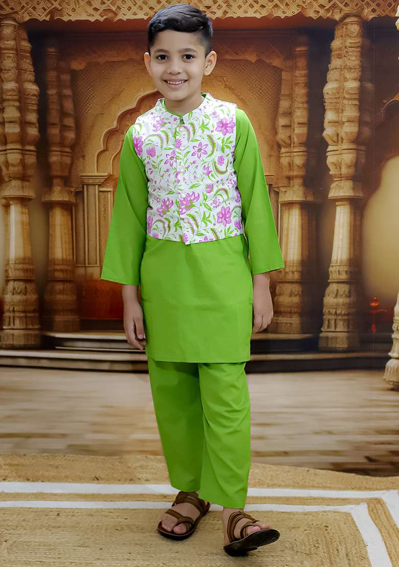 Green Printed Cotton Kurta Set For Boy - Indya