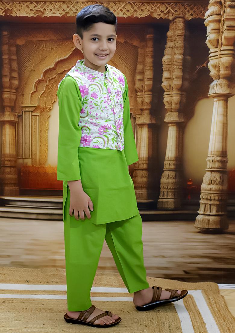 Green Printed Cotton Kurta Set For Boy