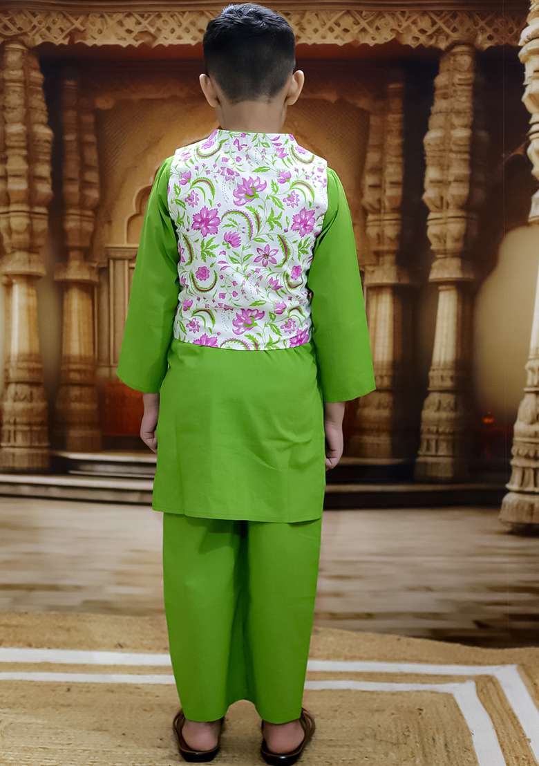 Green Printed Cotton Kurta Set For Boy - Indya