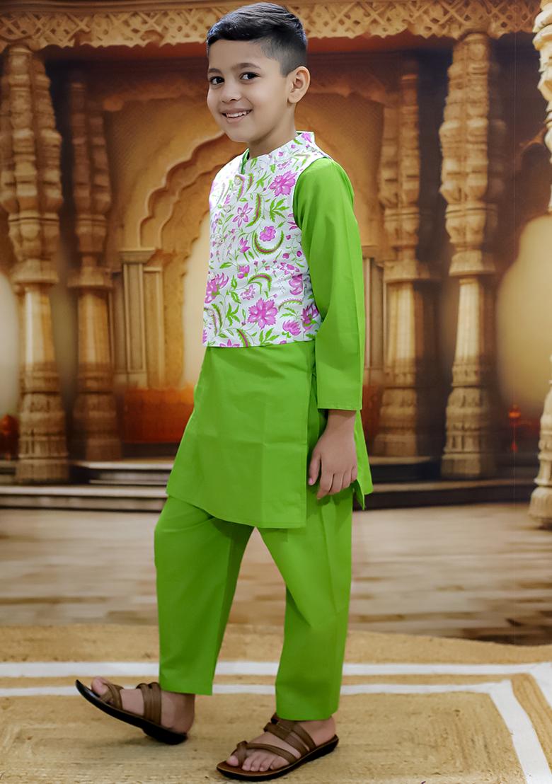 Green Printed Cotton Kurta Set For Boy