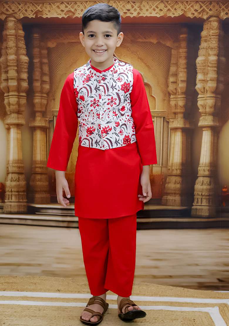 Red Printed Cotton Kurta Set For Boy - Indya