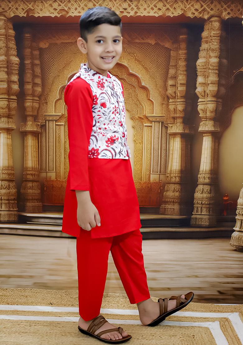 Red Printed Cotton Kurta Set For Boy