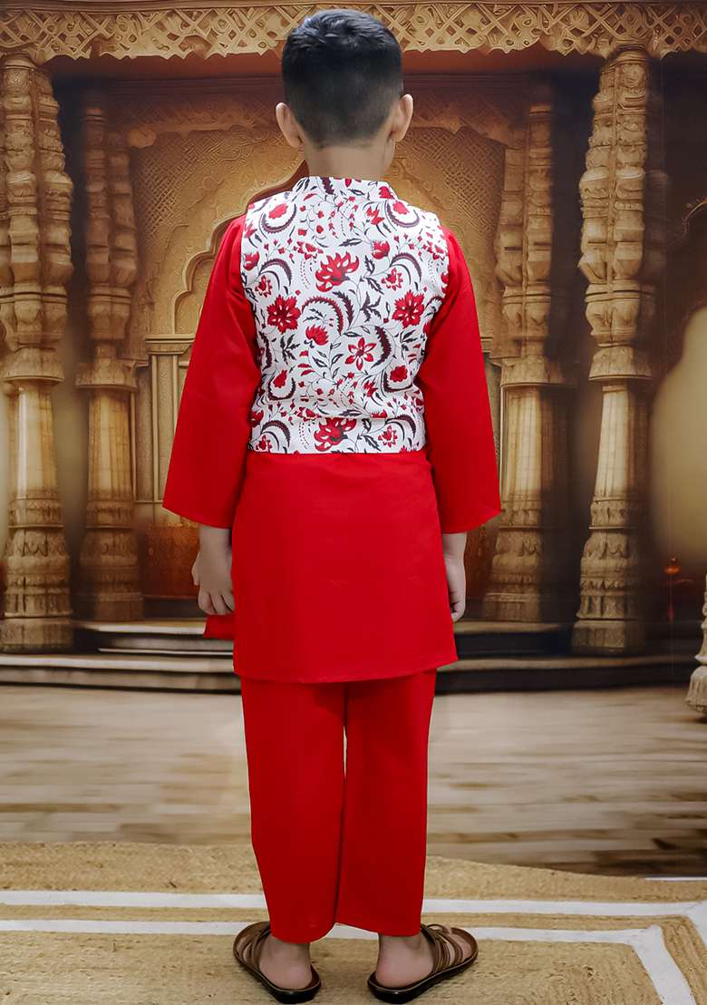 Red Printed Cotton Kurta Set For Boy - Indya