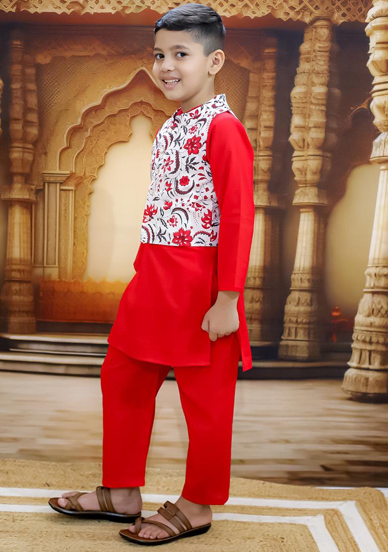 Red Printed Cotton Kurta Set For Boy