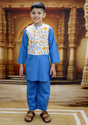 Blue Printed Cotton Kurta Set For Boy