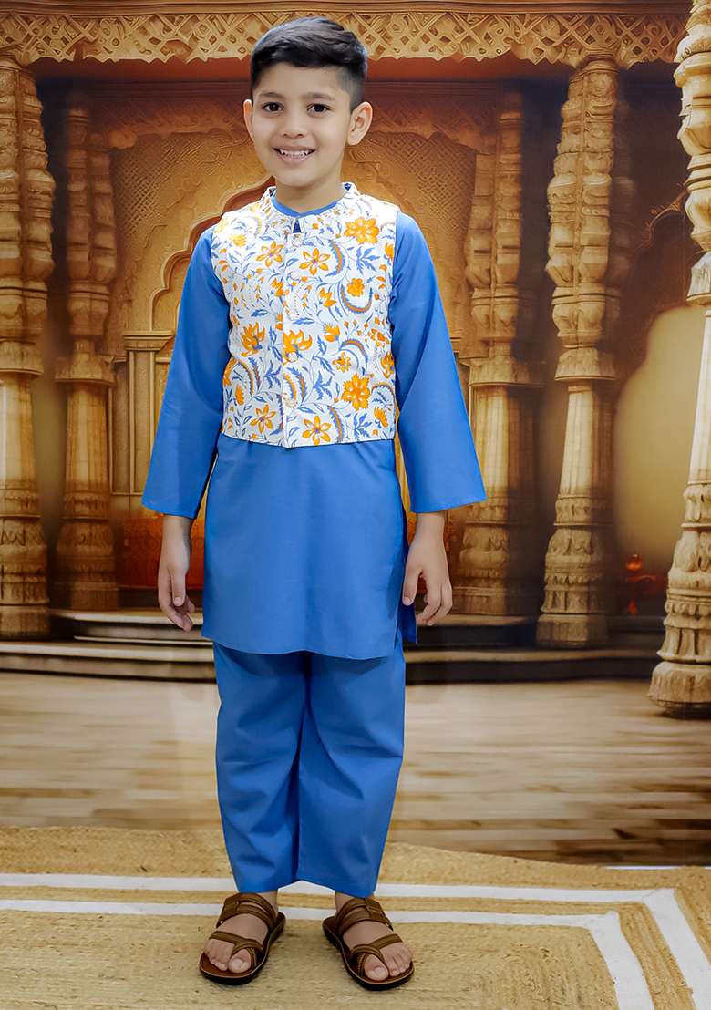 Blue Printed Cotton Kurta Set For Boy - Indya