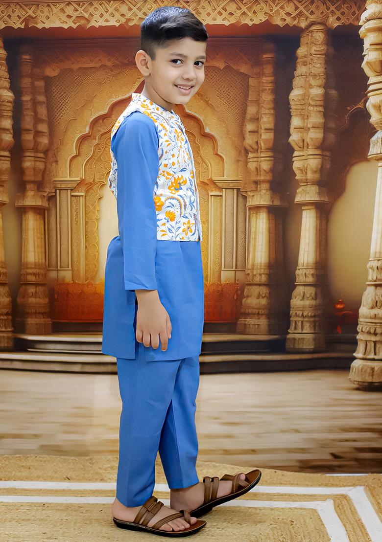 Blue Printed Cotton Kurta Set For Boy