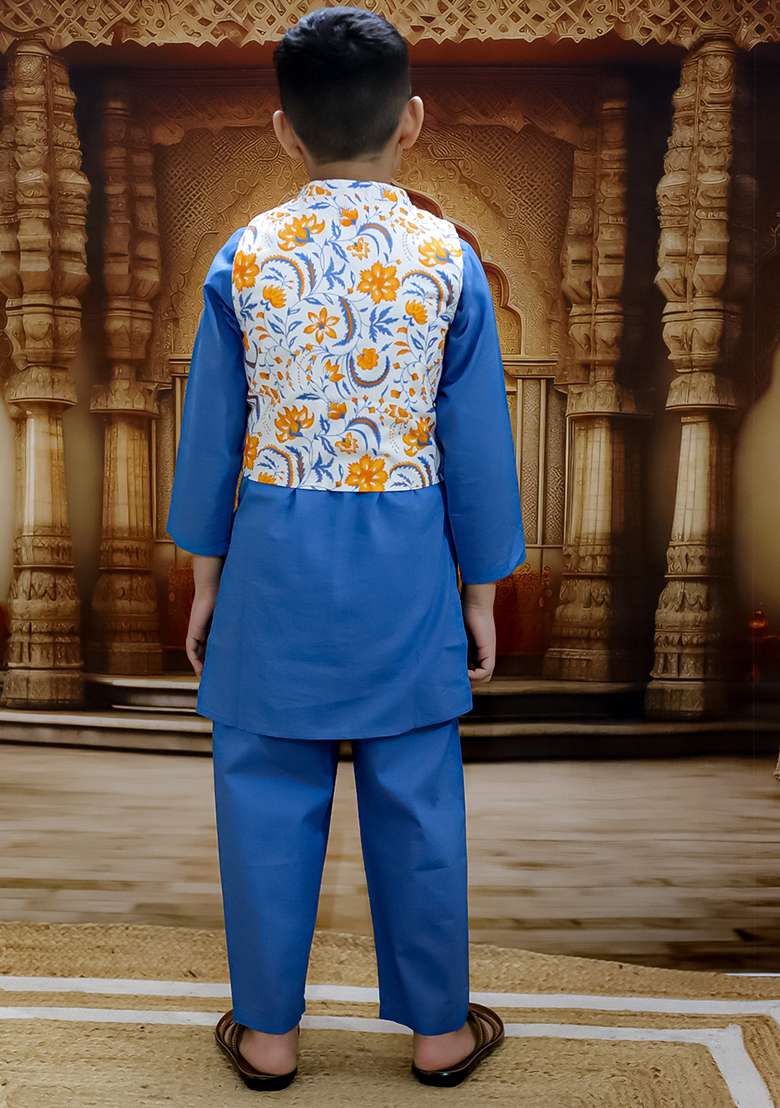 Blue Printed Cotton Kurta Set For Boy - Indya