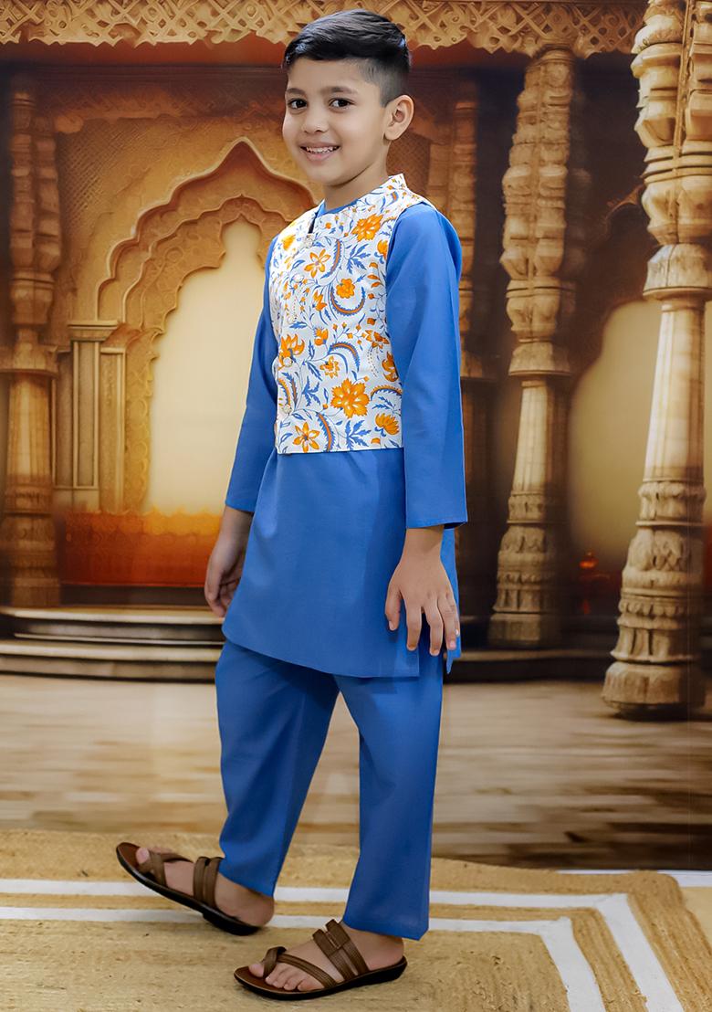 Blue Printed Cotton Kurta Set For Boy