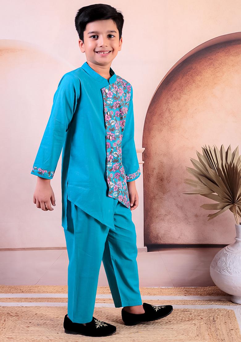 Blue Printed Cotton Kurta Set For Boy