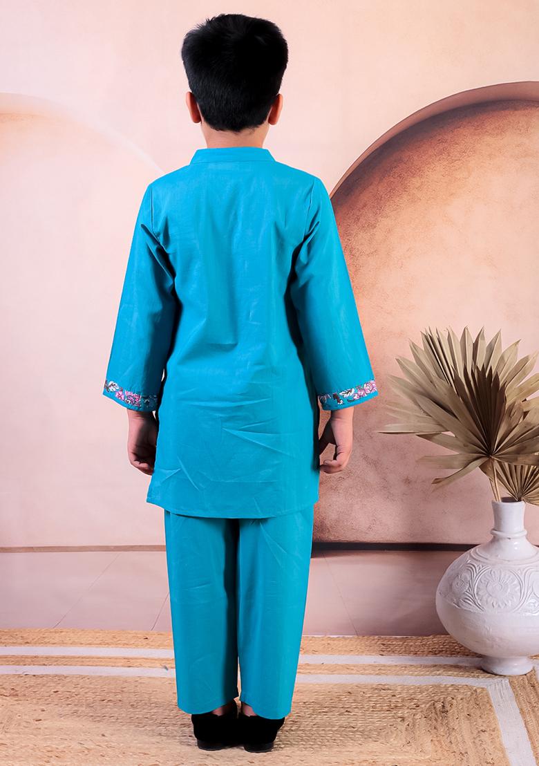 Blue Printed Cotton Kurta Set For Boy
