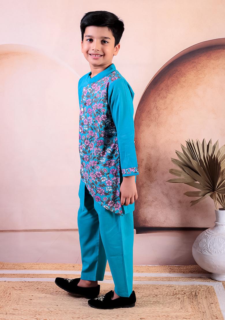 Blue Printed Cotton Kurta Set For Boy