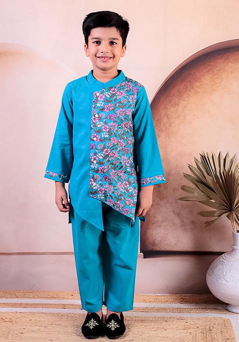 Blue Printed Cotton Kurta Set For Boy
