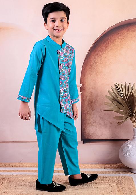 Blue Printed Cotton Kurta Set For Boy