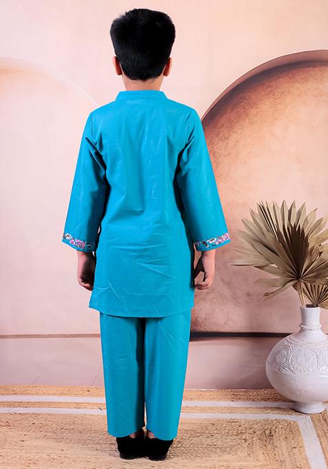 Blue Printed Cotton Kurta Set For Boy