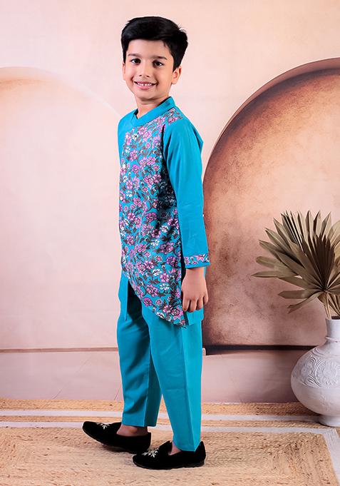 Blue Printed Cotton Kurta Set For Boy