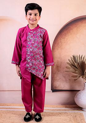 Pink Printed Cotton Kurta Set For Boy