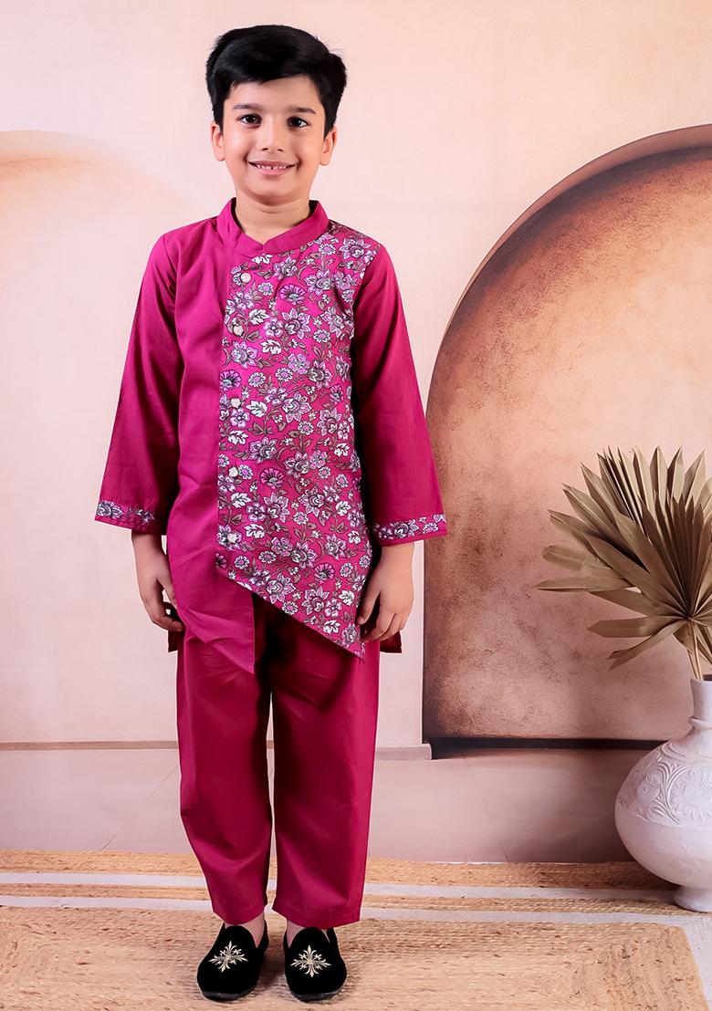 Pink Printed Cotton Kurta Set For Boy