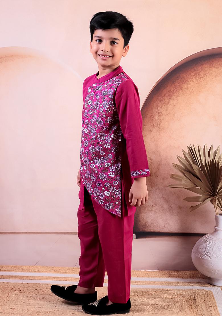 Pink Printed Cotton Kurta Set For Boy