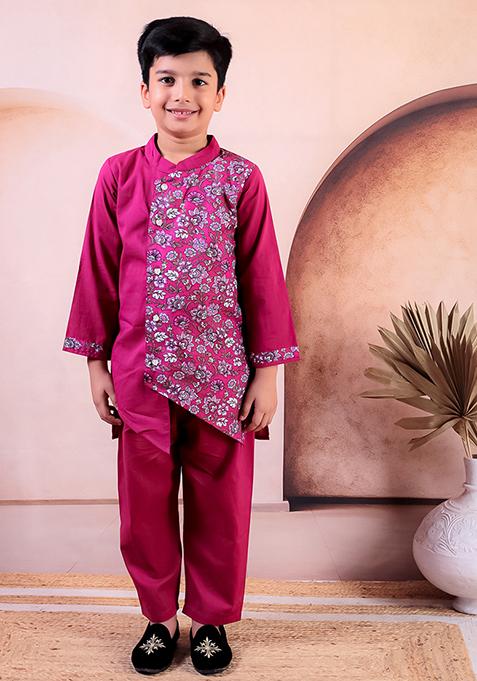Pink Printed Cotton Kurta Set For Boy