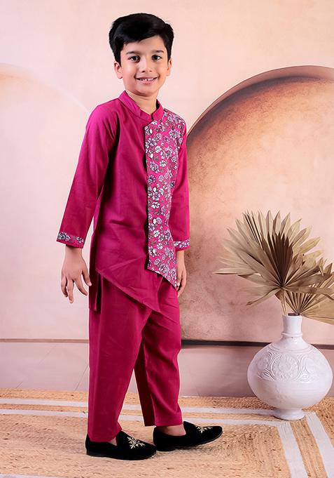 Pink Printed Cotton Kurta Set For Boy