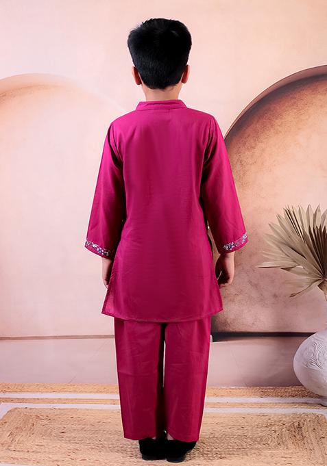 Pink Printed Cotton Kurta Set For Boy