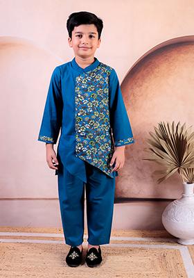 Turquoise Blue Printed Cotton Kurta Set For Boy