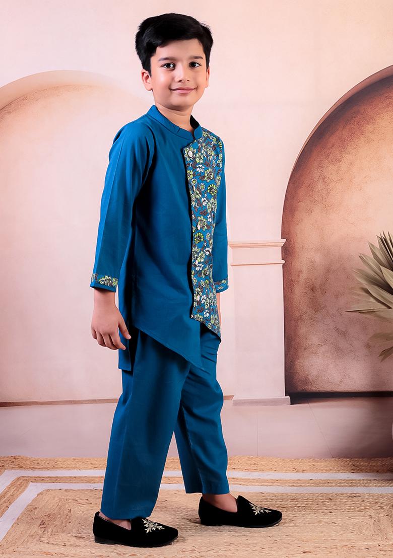 Turquoise Blue Printed Cotton Kurta Set For Boy