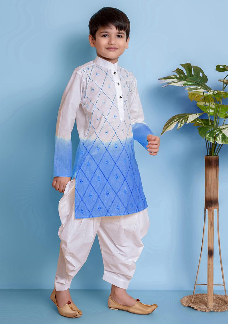 Blue Embroidered Cotton Kurta Set For Boy