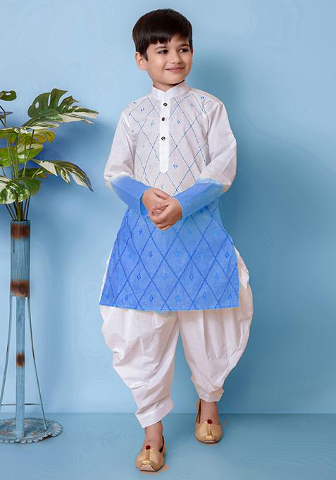 Blue Embroidered Cotton Kurta Set For Boy