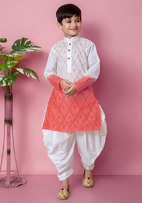 Tomato Orange Embroidered Cotton Kurta Set For Boy