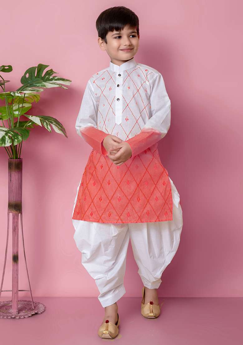 Tomato Orange Embroidered Cotton Kurta Set For Boy - Indya