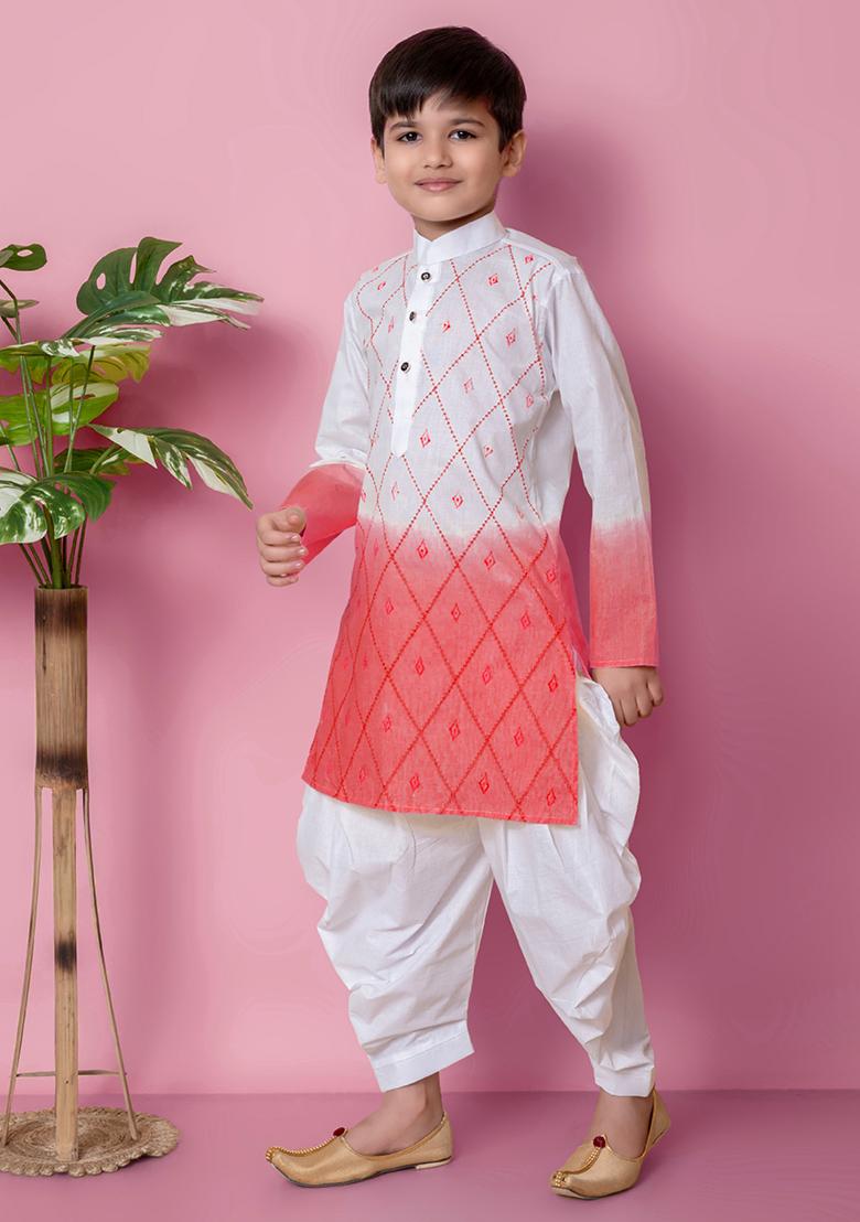 Tomato Orange Embroidered Cotton Kurta Set For Boy