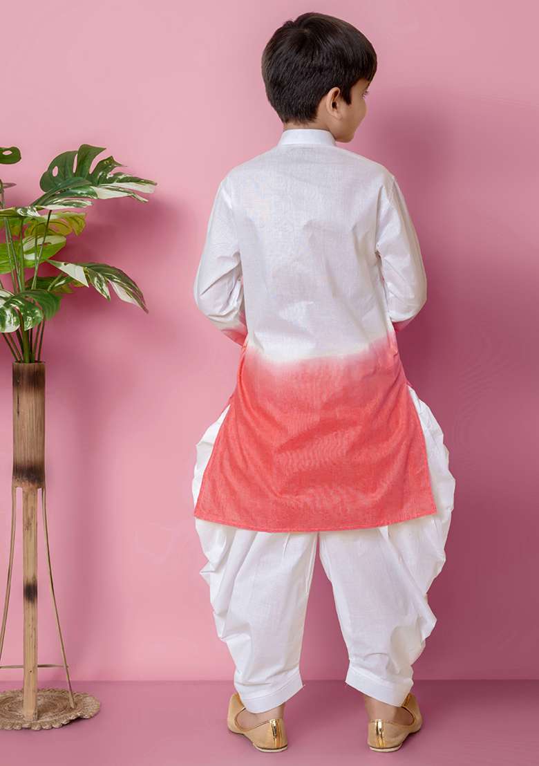 Tomato Orange Embroidered Cotton Kurta Set For Boy - Indya