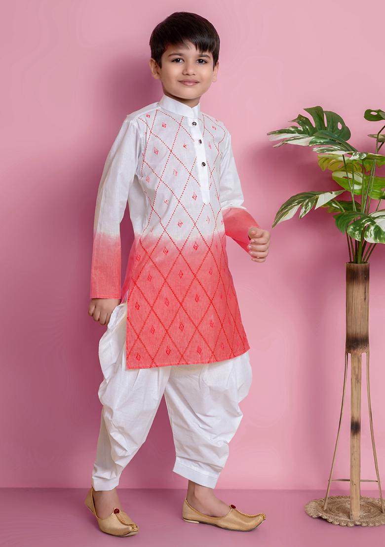 Tomato Orange Embroidered Cotton Kurta Set For Boy