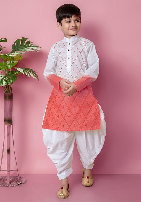 Tomato Orange Embroidered Cotton Kurta Set For Boy