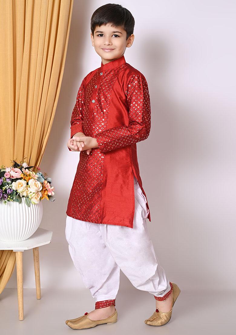 Maroon Embroidered Silk Kurta Set For Boy