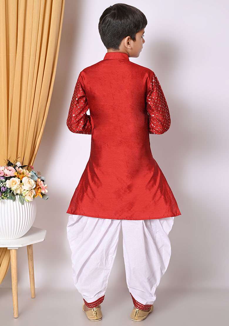 Maroon Embroidered Silk Kurta Set For Boy - Indya