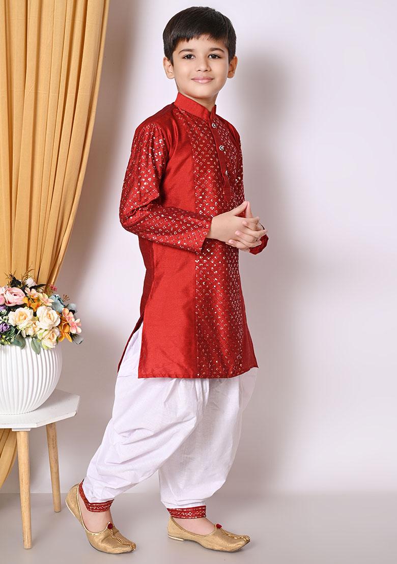 Maroon Embroidered Silk Kurta Set For Boy