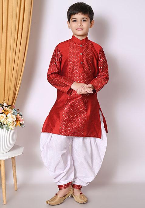 Maroon Embroidered Silk Kurta Set For Boy