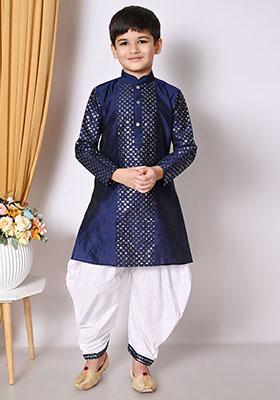 Navy Blue Embroidered Silk Kurta Set For Boy