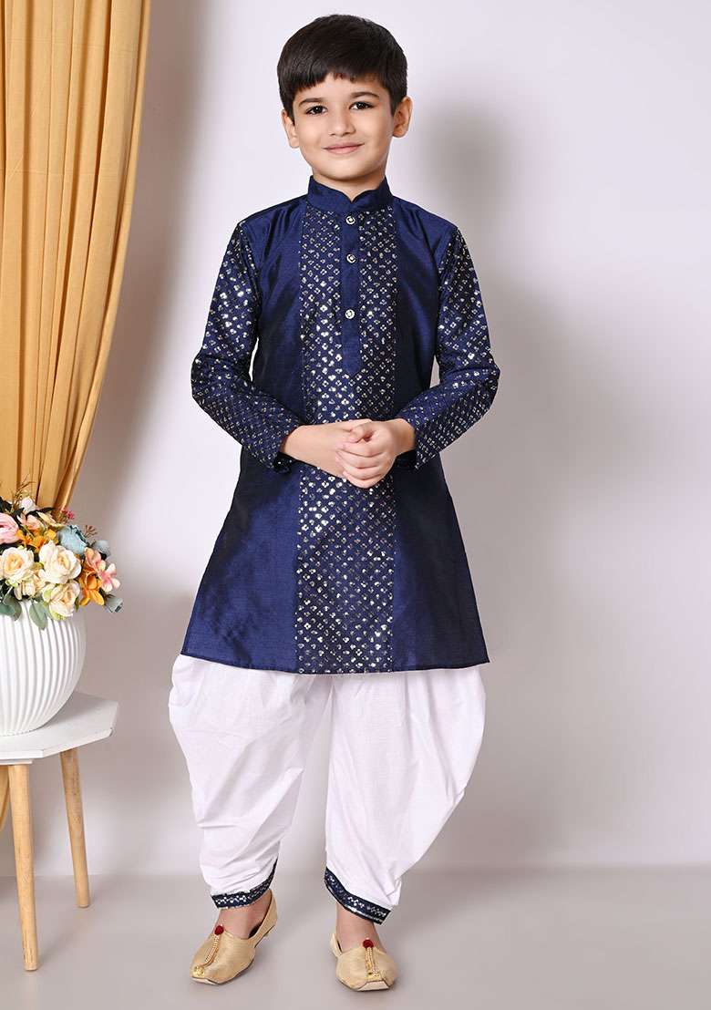 Navy Blue Embroidered Silk Kurta Set For Boy - Indya