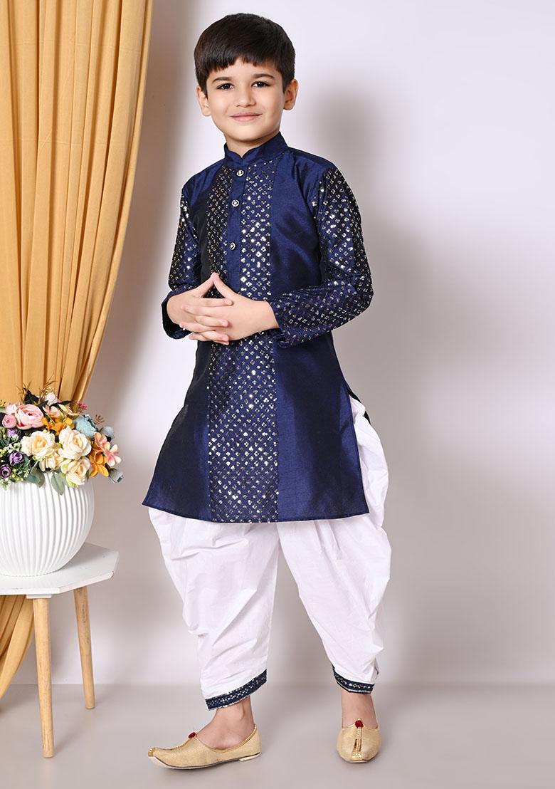 Navy Blue Embroidered Silk Kurta Set For Boy