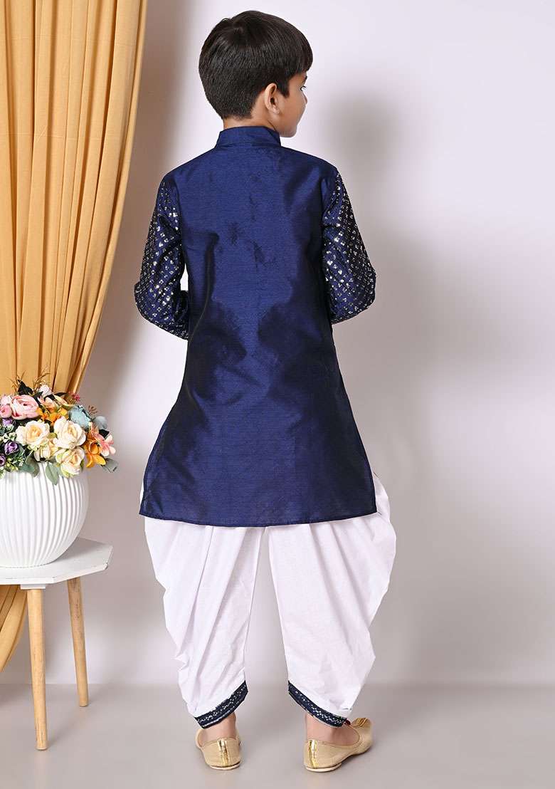 Navy Blue Embroidered Silk Kurta Set For Boy - Indya