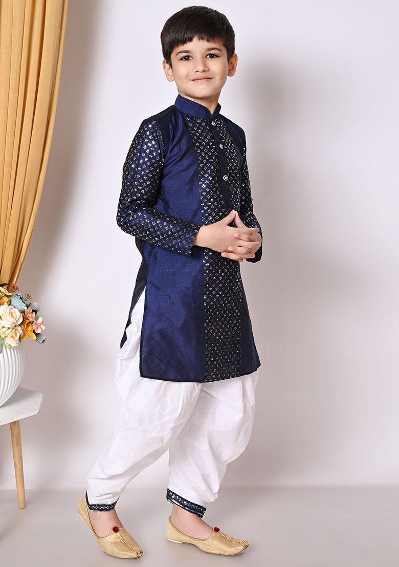 Navy Blue Embroidered Silk Kurta Set For Boy