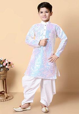 White Embroidered Silk Kurta Set For Boy