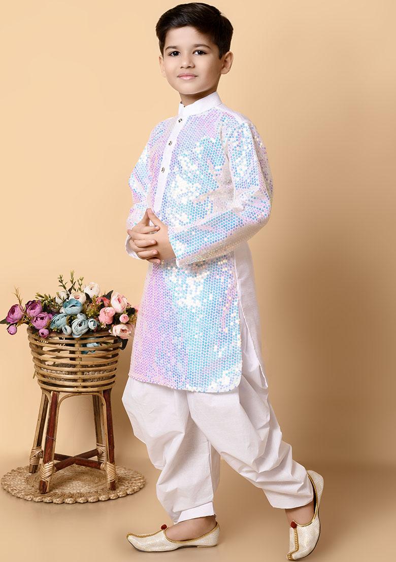 White Embroidered Silk Kurta Set For Boy